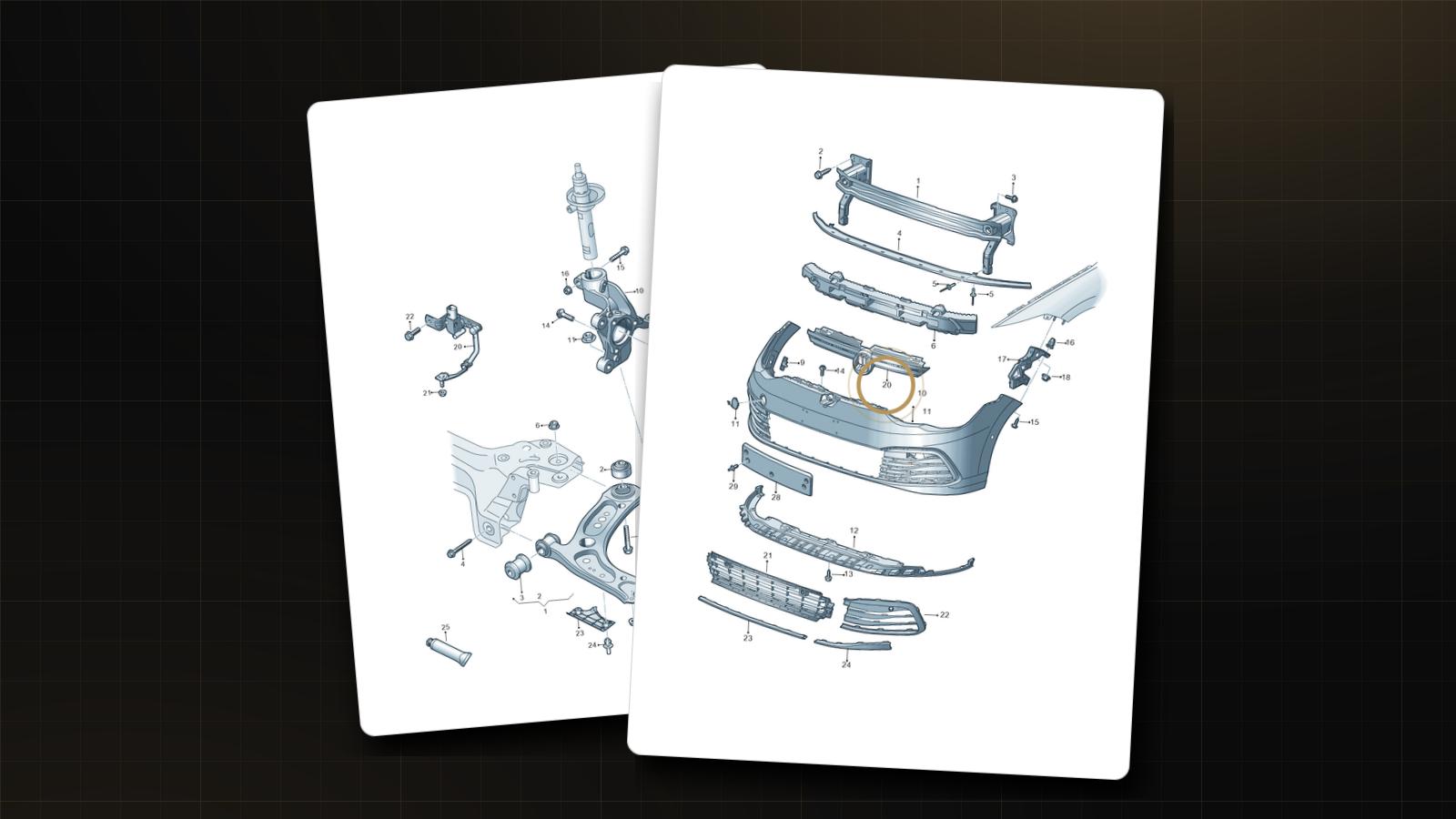 Two factory exploded-view parts diagrams on drafting sheets — a VW Golf front bumper assembly with callout 20 highlighted in gold, and a front suspension assembly — on a dark engineering-grid background