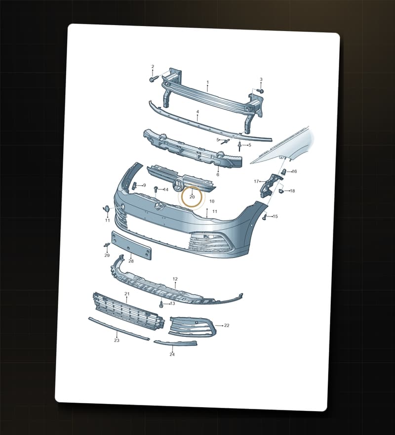 Factory exploded diagram of a VW Golf front bumper assembly on a drafting sheet, callout 20 highlighted in gold