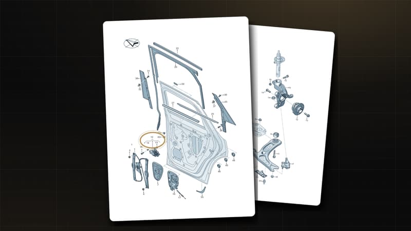 Factory exploded diagram of a VW rear door on a drafting sheet, with the set bracket for position 12 circled in gold, next to a front suspension diagram