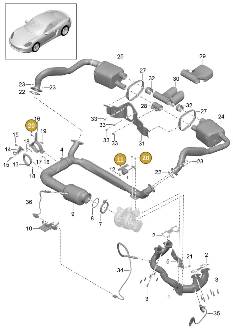 982251344A — Porsche Cayman (2016-2019) diagram p50202000, position 11+20