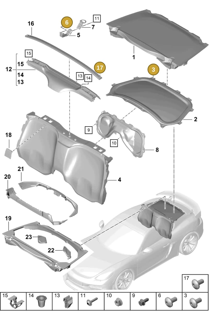 99907340401 — Porsche Cayman (2019-2022) diagram p55807250, position 3+6+17