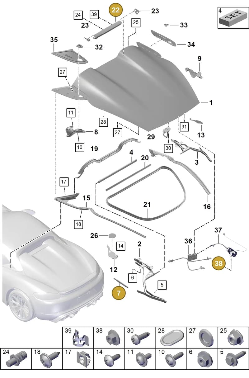 99907607801 — Porsche Boxster Spyder (2019-2020) diagram p54803050, position 7+22+38