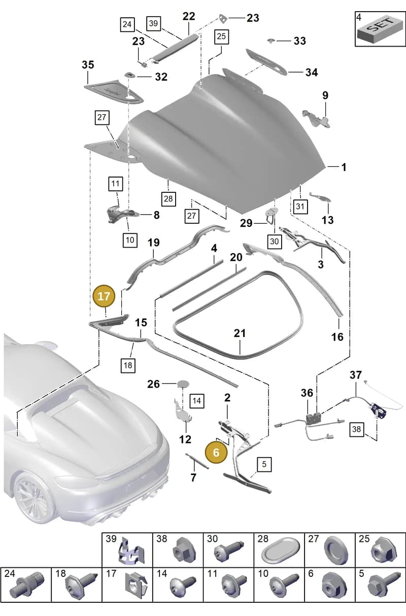 99907609401 — Porsche Boxster Spyder (2019-2020) diagram p54803050, position 6+17