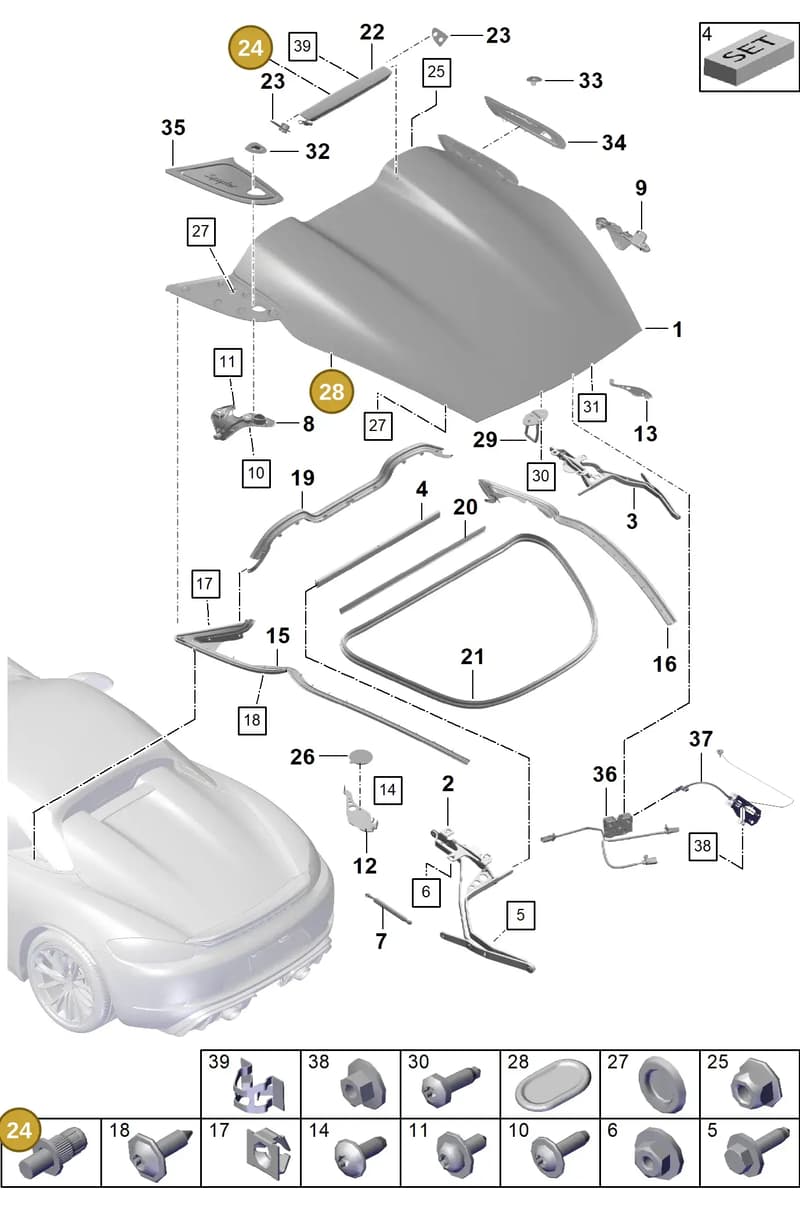 99908007801 — Porsche Boxster Spyder (2019-2020) diagram p54803050, position 24+28