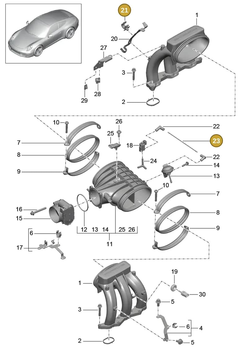 99918137340 — Porsche 991 Carrera 4 (2011-2016) diagram p38107010, position 21+23