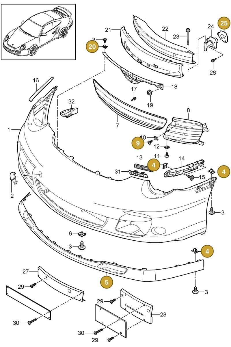 99950784901 — Porsche GT2 RS (2009-2012) diagram p36802000, position 4+5+9+20+25