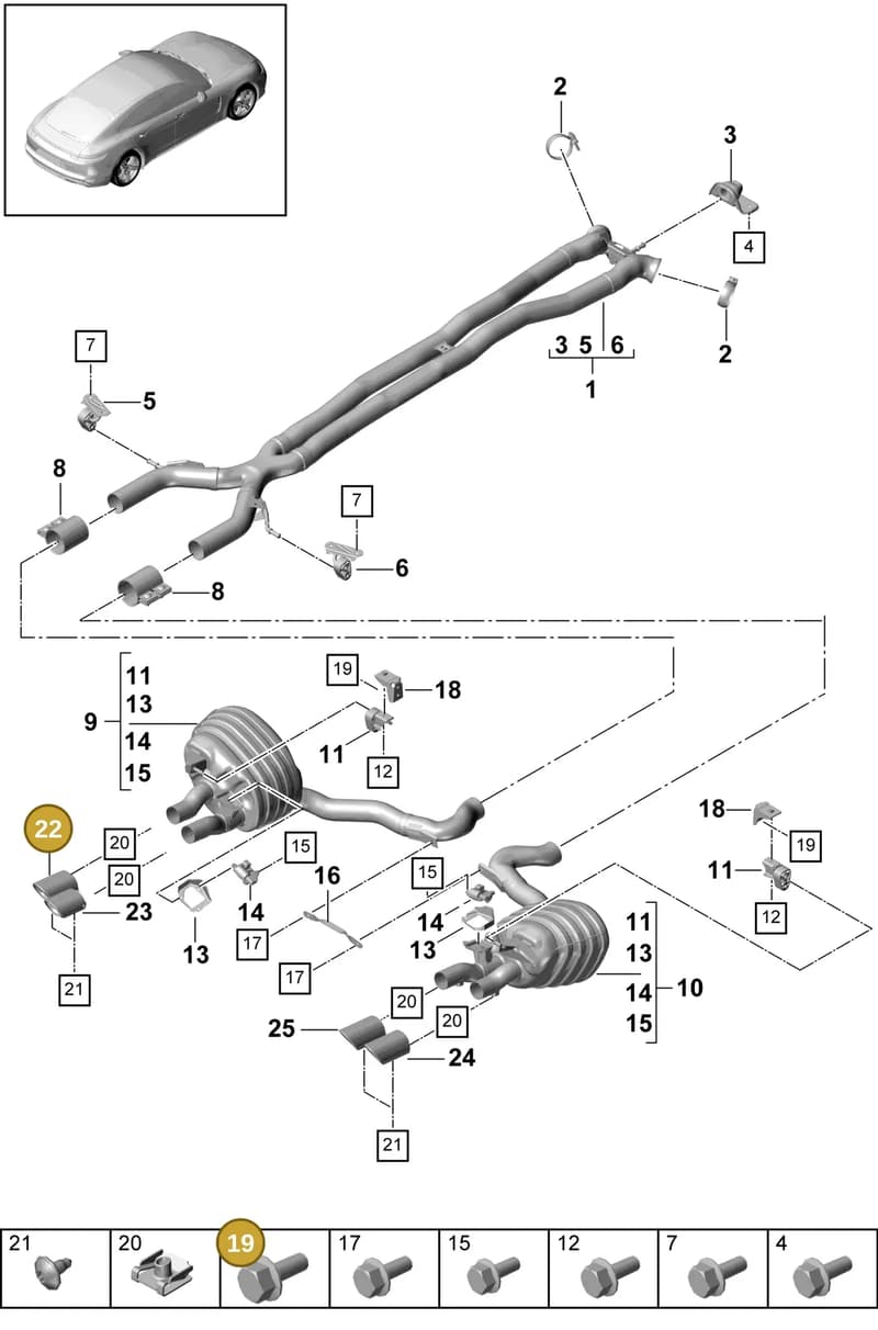 9A725382340 — Porsche Panamera (2016-2020) diagram p49203030, position 19+22